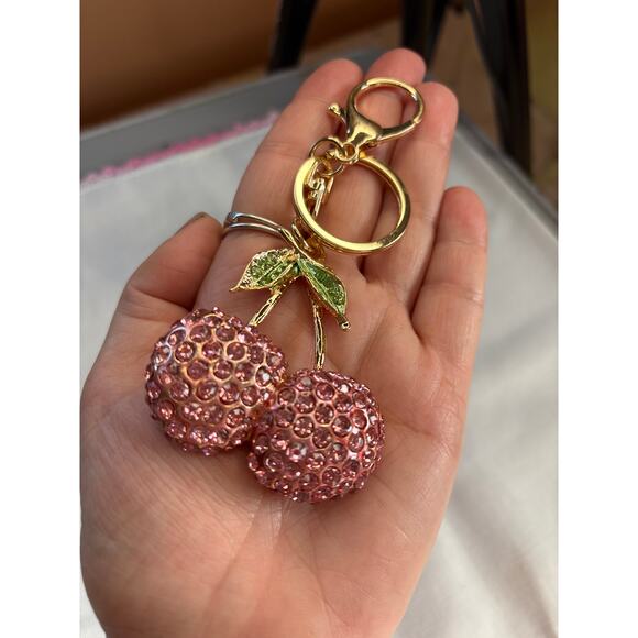 Cute Cherry Rhinestone Car Keychain Bag Charm Pink Sparkly Fruit Boho - Picture 4 of 4